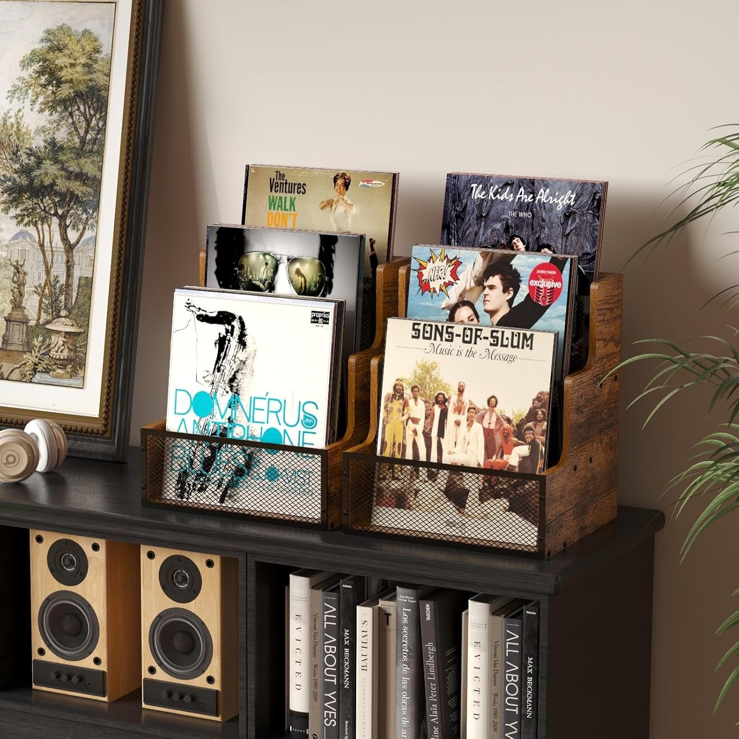 Vinyl Record Storage,Stepped 3 Tier LP Vinyl Record Crate,Vinyl Record Album Holder,Holds up to 60 Records,Desktop Metal & Wooden Record Box Case Crate