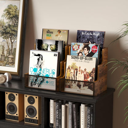 Vinyl Record Storage,Stepped 3 Tier LP Vinyl Record Crate,Vinyl Record Album Holder,Holds up to 60 Records,Desktop Metal & Wooden Record Box Case Crate