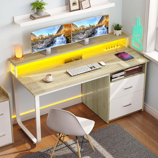 Computer Desk with Drawers, 55" Office Desk with Power Outlets & LED Light, Home Office Desk with Storage Shelves, White & Oak