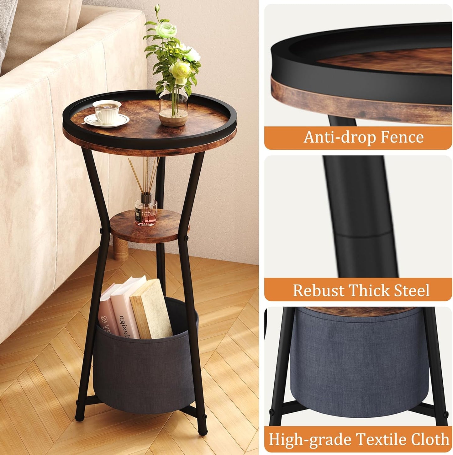 round Side Table, Small Drink Table for Small Spaces, 3-Tier Industrial End Table, Accent Nightstand Bedside Table for Living Room, Bedroom, Sofa Couch, Rustic Brown