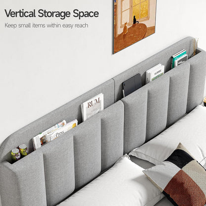 Adjustable Headboard for King/California King Size Bed Frame, Linen Fabric Bed Headboard with Storage & RGB LED Light in Modern Vertical Channel Design, Light Grey