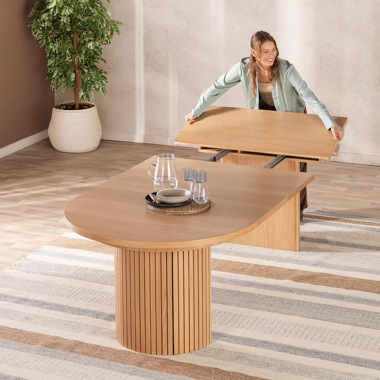 Transformer round Extendable Dining Table – Solid Wood Expandable round Kitchen & Dining Room Table for 4 to 10, Space-Saving Modern Furniture (Natural, Table Only)