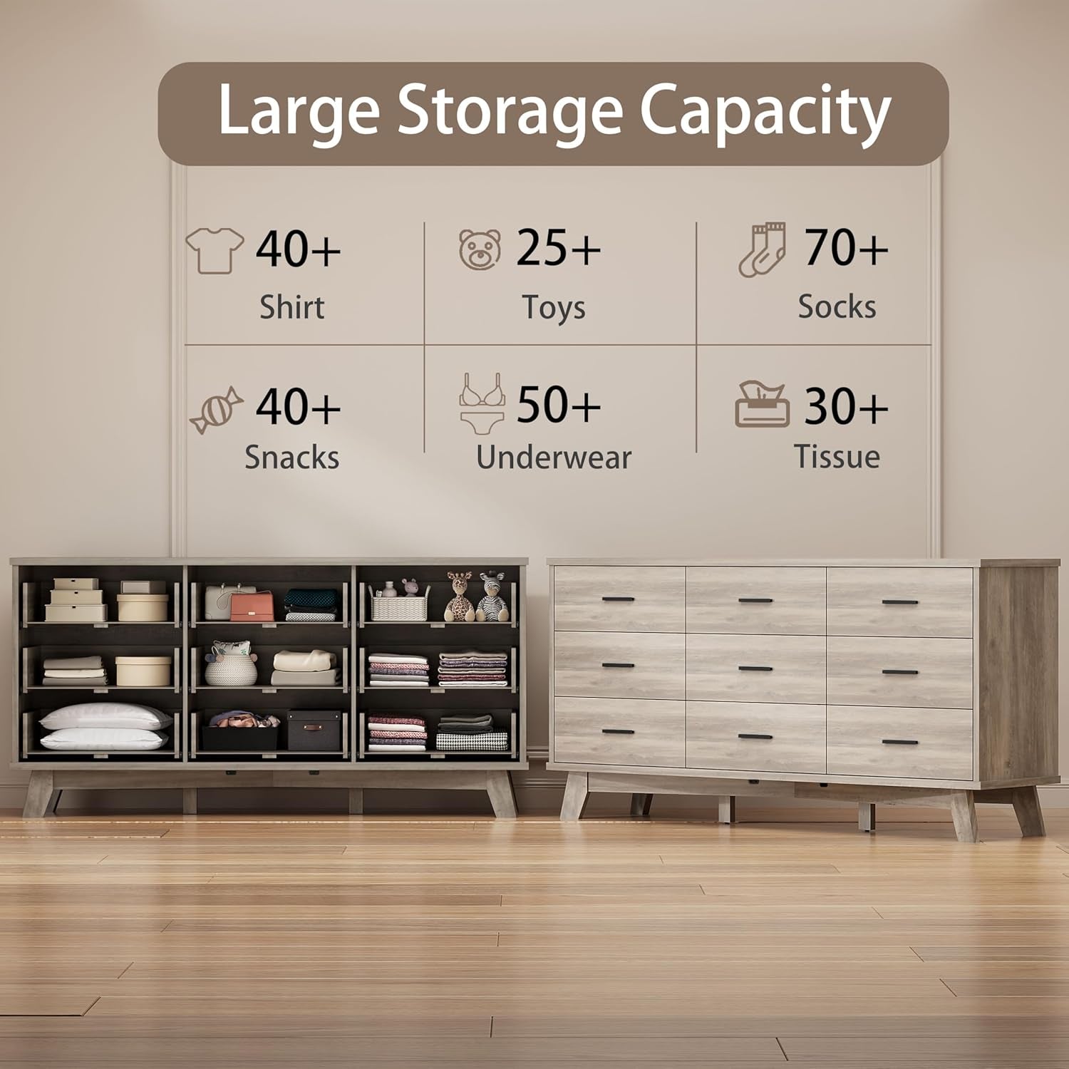 Dresser for Bedroom, 9 Drawer Wide Modern Chest of Drawers with X-Shaped Sturdy Base, Wood Double Dresser Closet Clothes Storage Organizer, Wooden TV Stand for Living Room, Hallway, Grey