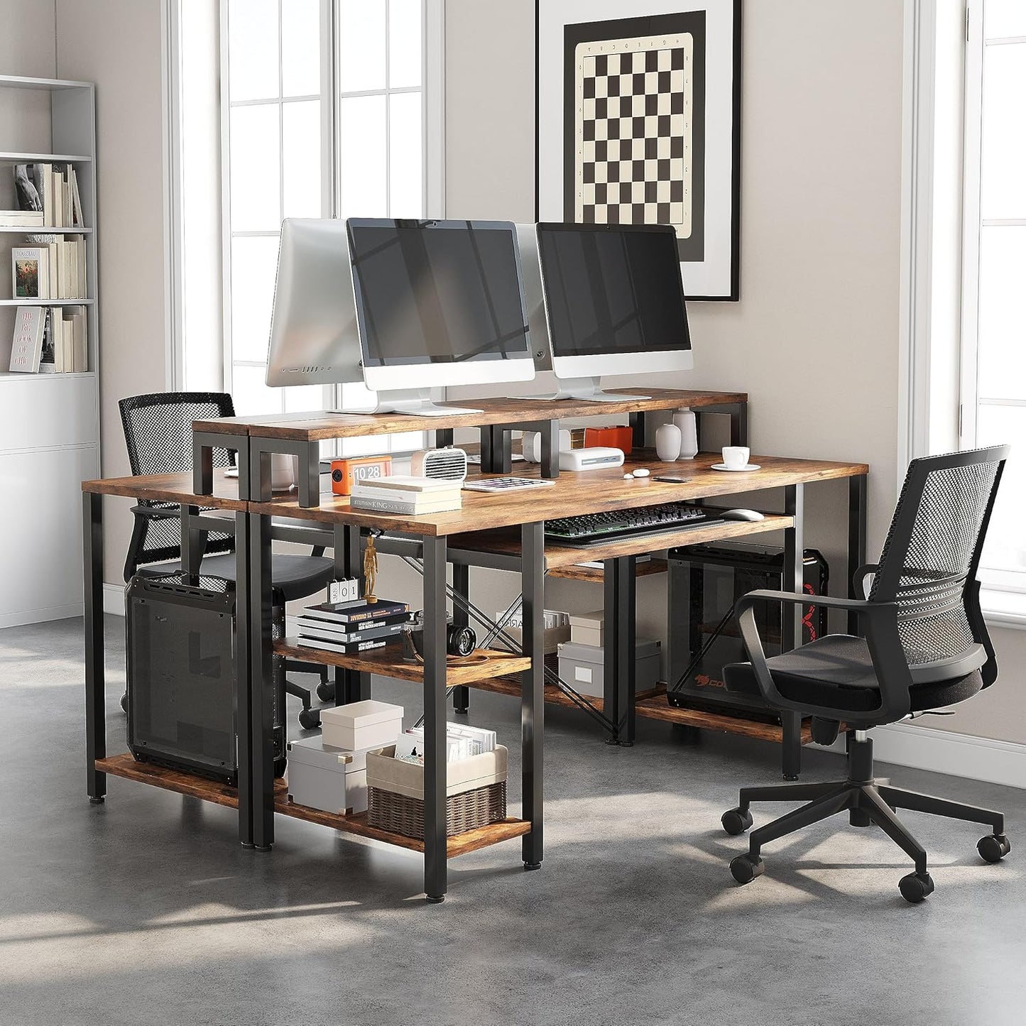 48Inch Computer Desk, Home Office Desks with Keyboard Tray, Gaming Desk with CPU Stand Shelf,Industrial Study Table Wide Writing Desk with Storage Shelves for 2 Monitors, Rustic Brown
