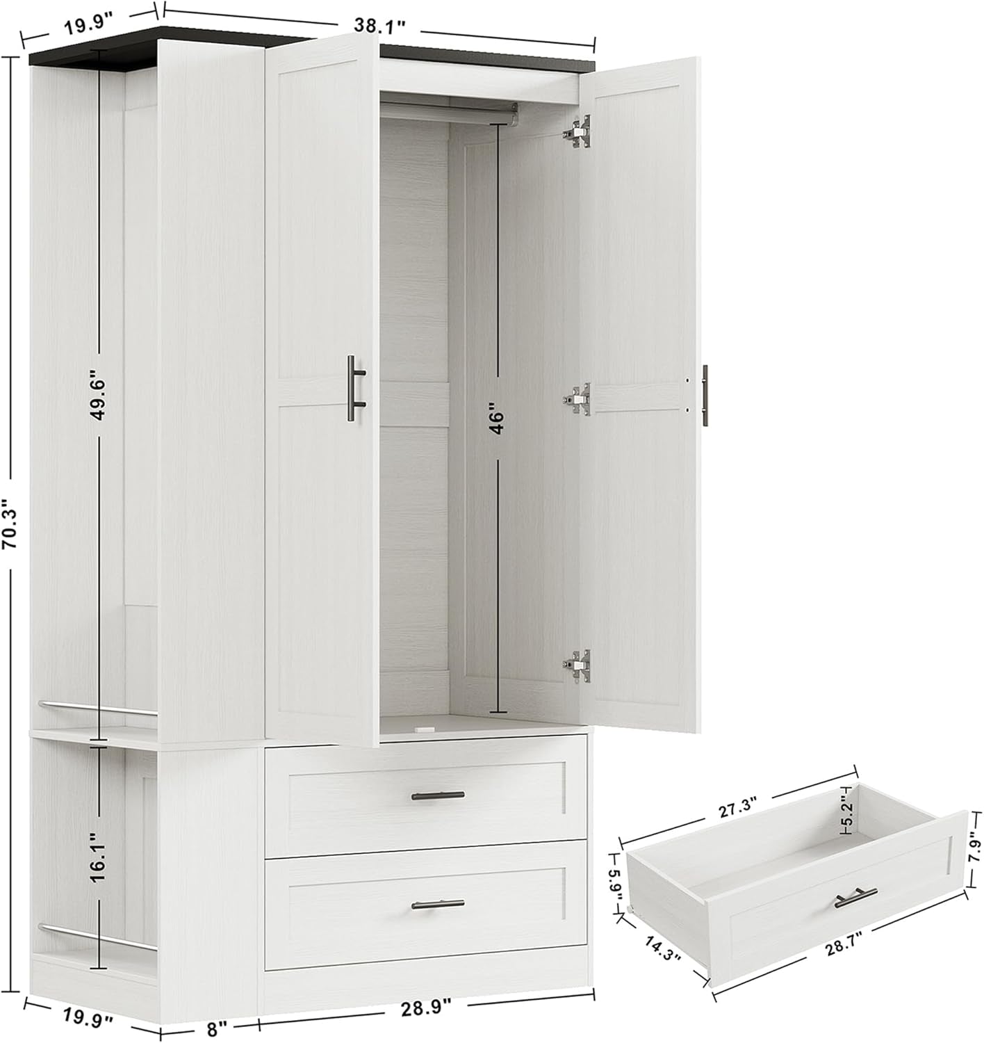 Armoire Wardrobe Closet with Large Mirror, Storage Cabinet with 2 Doors and 2 Drawers, 2 Storage Shelves, 70" Wardrobe Cabinet for Bedroom,White