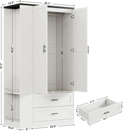 Armoire Wardrobe Closet with Large Mirror, Storage Cabinet with 2 Doors and 2 Drawers, 2 Storage Shelves, 70" Wardrobe Cabinet for Bedroom,White