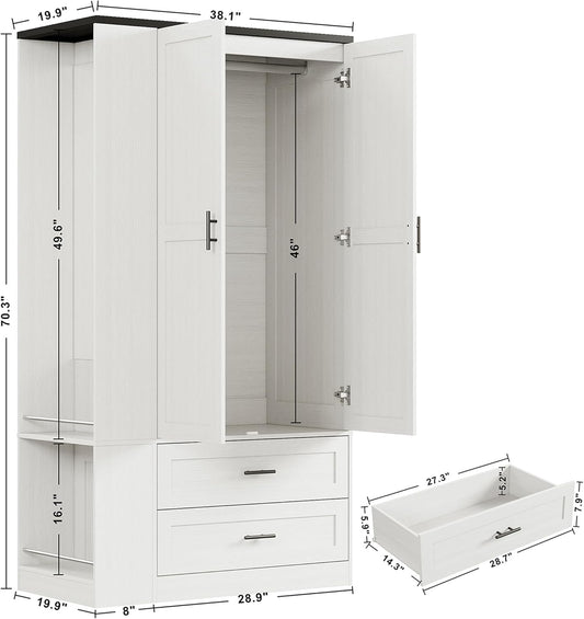 Armoire Wardrobe Closet with Large Mirror, Storage Cabinet with 2 Doors and 2 Drawers, 2 Storage Shelves, 70" Wardrobe Cabinet for Bedroom,White