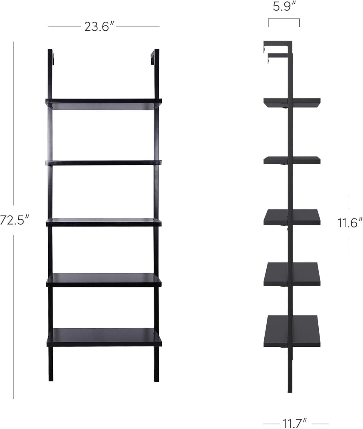 Theo 5-Shelf Black Modern Bookcase, Open Wall Mount Ladder Bookshelf with Industrial Metal Frame