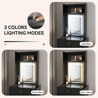 Small Vanity Desk Set with 3 Adjustable Lighted Mirror and Storage Chair Mini Black Makeup Vanities Set for Bedroom Compact Make up Dressing Table with Fold-Up Panel for Tiny Space