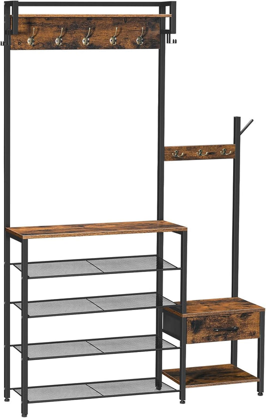 Hall Tree, Entryway Coat Rack Shoe Bench, Shoe and Coat Rack for Entryway, Hall Tree Coat Rack, with Non-Woven Fabric Drawer, for Entrance, Foyer, Rustic Brown and Black BF113MT01