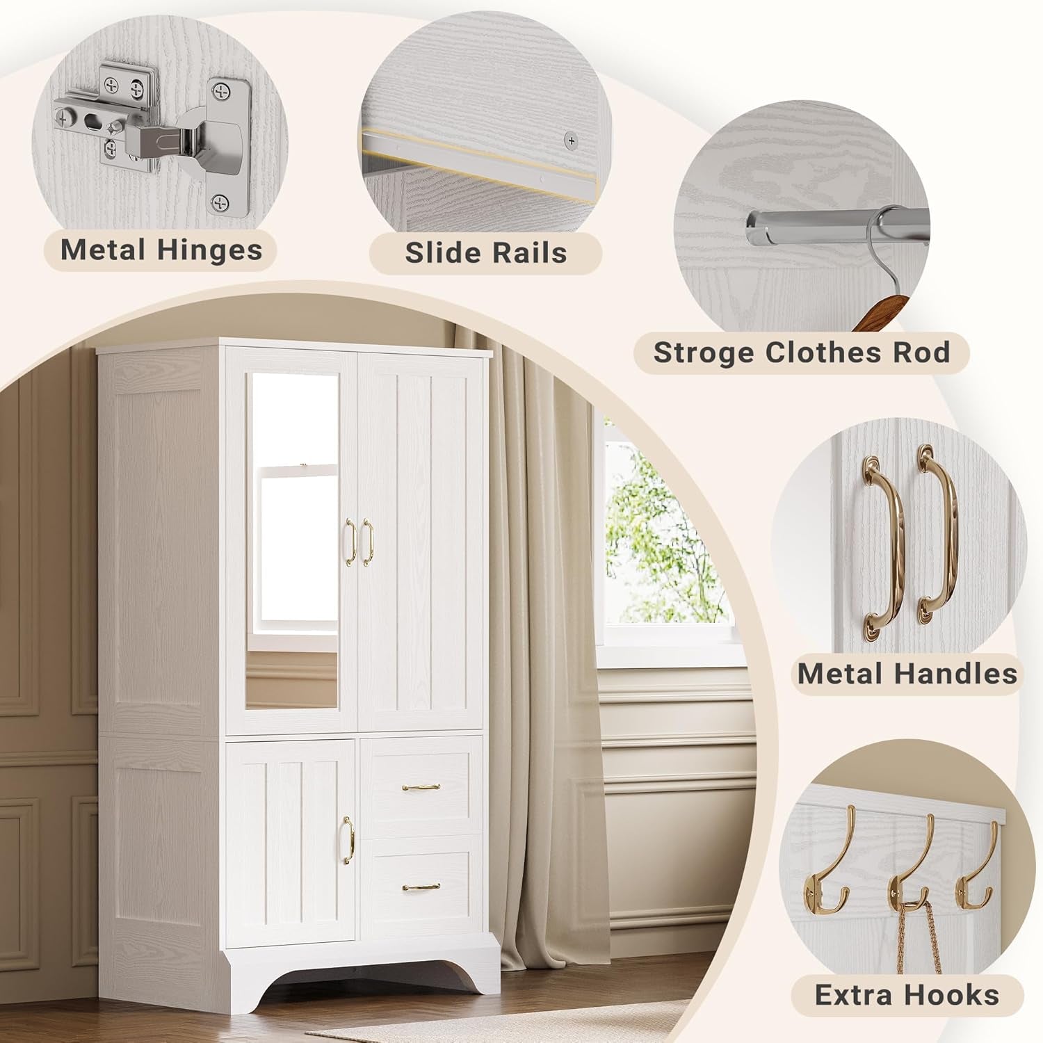 Armoire Wardrobe Closet with Mirror and 3 Doors and 2 Drawers, Bedroom Wooden Armoire Storage Cabinet Combination with Hanging Rod for Bedroom, White