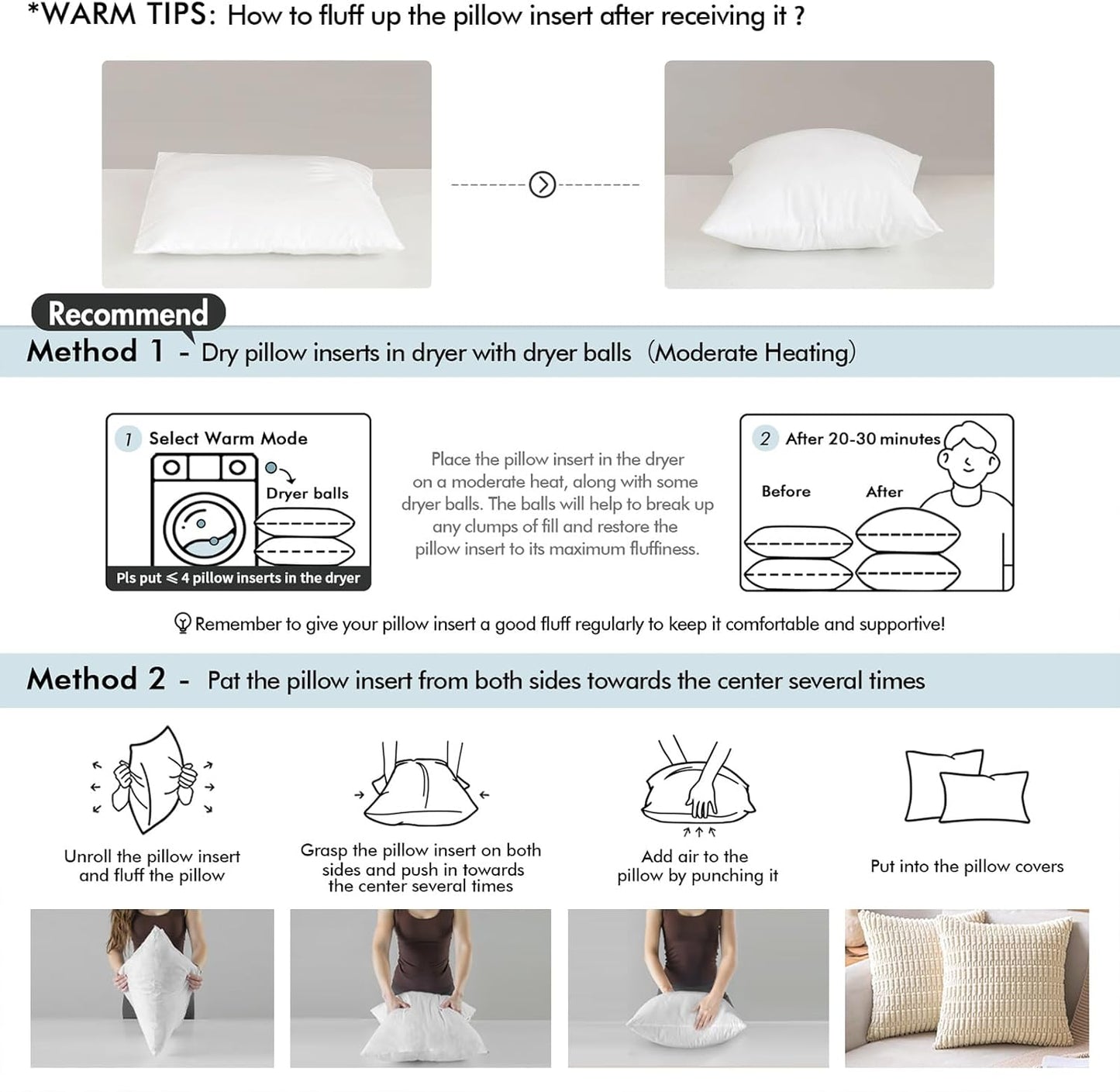 Throw Pillows Inserts, Pack of 2 18X18 Inch 100% Virgin Fiber Filling Bed Couch Pillows