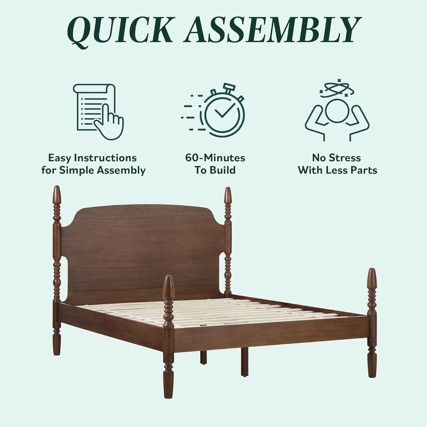 EZ Assembly™ Traditional Wood Spindle Post Bed, Modern Farmhouse Bed Frame Queen Bed Frame with Headboard, No Box Spring Required, Queen Size, Dark Brown