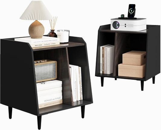 Nighstand Set of 3,Small End Side Table with Adjustable Divided Shelves for Vinyl Storage， Suitable for Music Room Living Room Bedroom