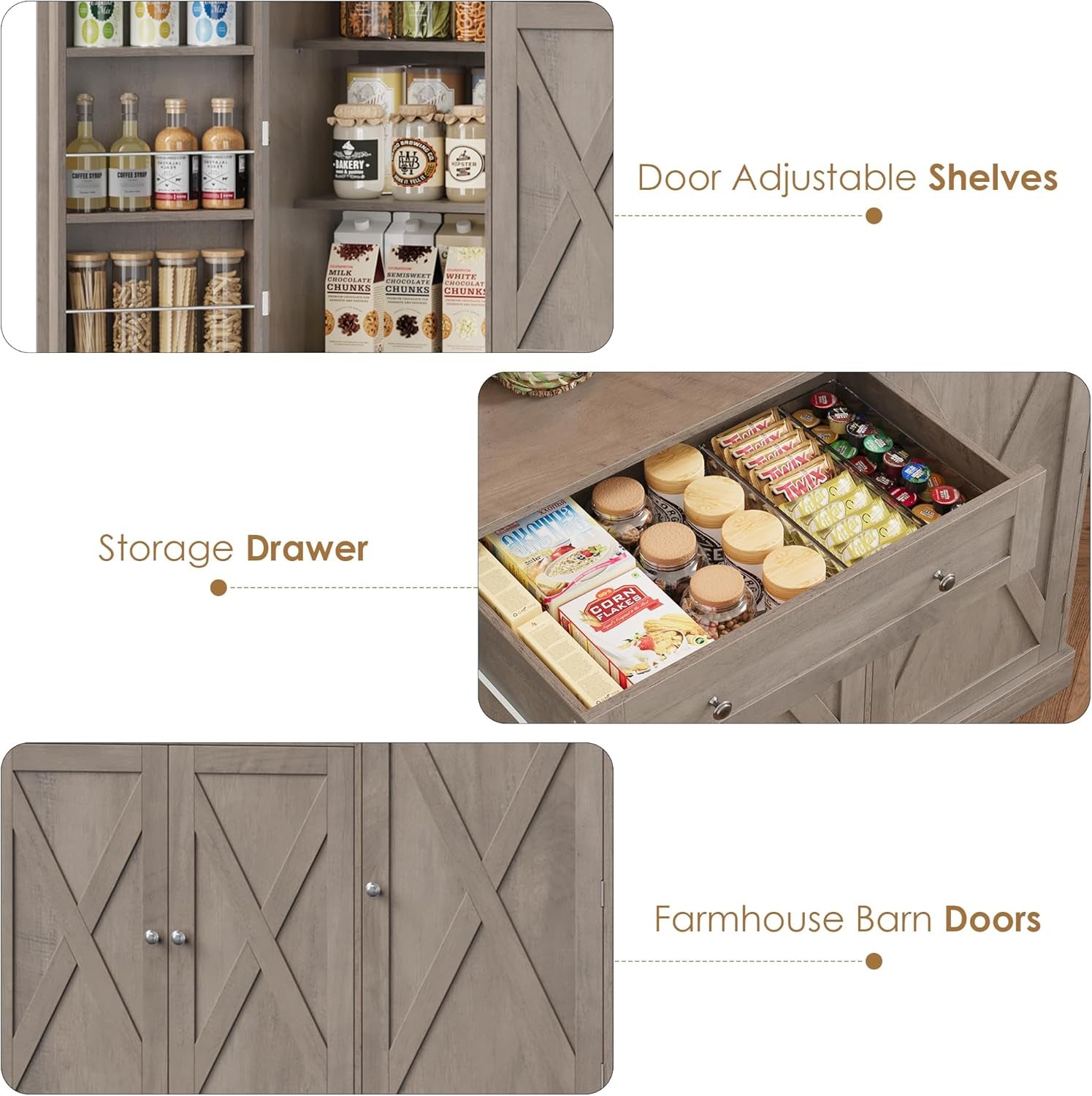 72.8” Tall Kitchen Pantry Cabinet with LED & Charging Station, 55” Wide Farmhouse Pantry Storage Cabinet with Microwave Stand&Shelves&Barn Doors, Kitchen Hutch Coffee Bar for Living Room, Grey