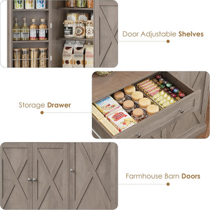 72.8” Tall Kitchen Pantry Cabinet with LED & Charging Station, 55” Wide Farmhouse Pantry Storage Cabinet with Microwave Stand&Shelves&Barn Doors, Kitchen Hutch Coffee Bar for Living Room, Grey