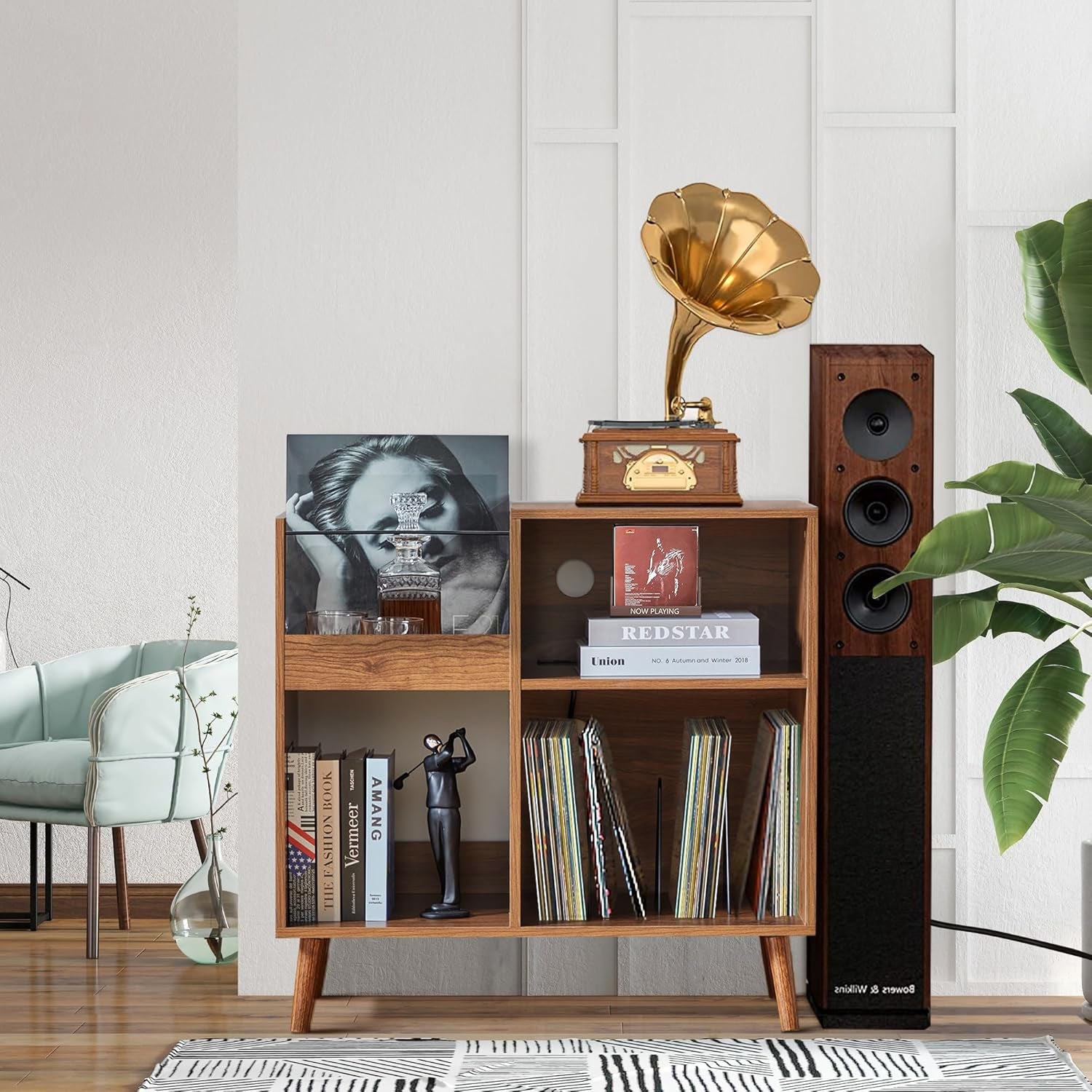 Mid-Century Vinyl Storage Cabinet Table with Solid Wood Legs, Turntable Stand with Power Outlet Holds up to 200 Albums, Record Player Holder Display Shelf, End Table for Bedroom Living Room