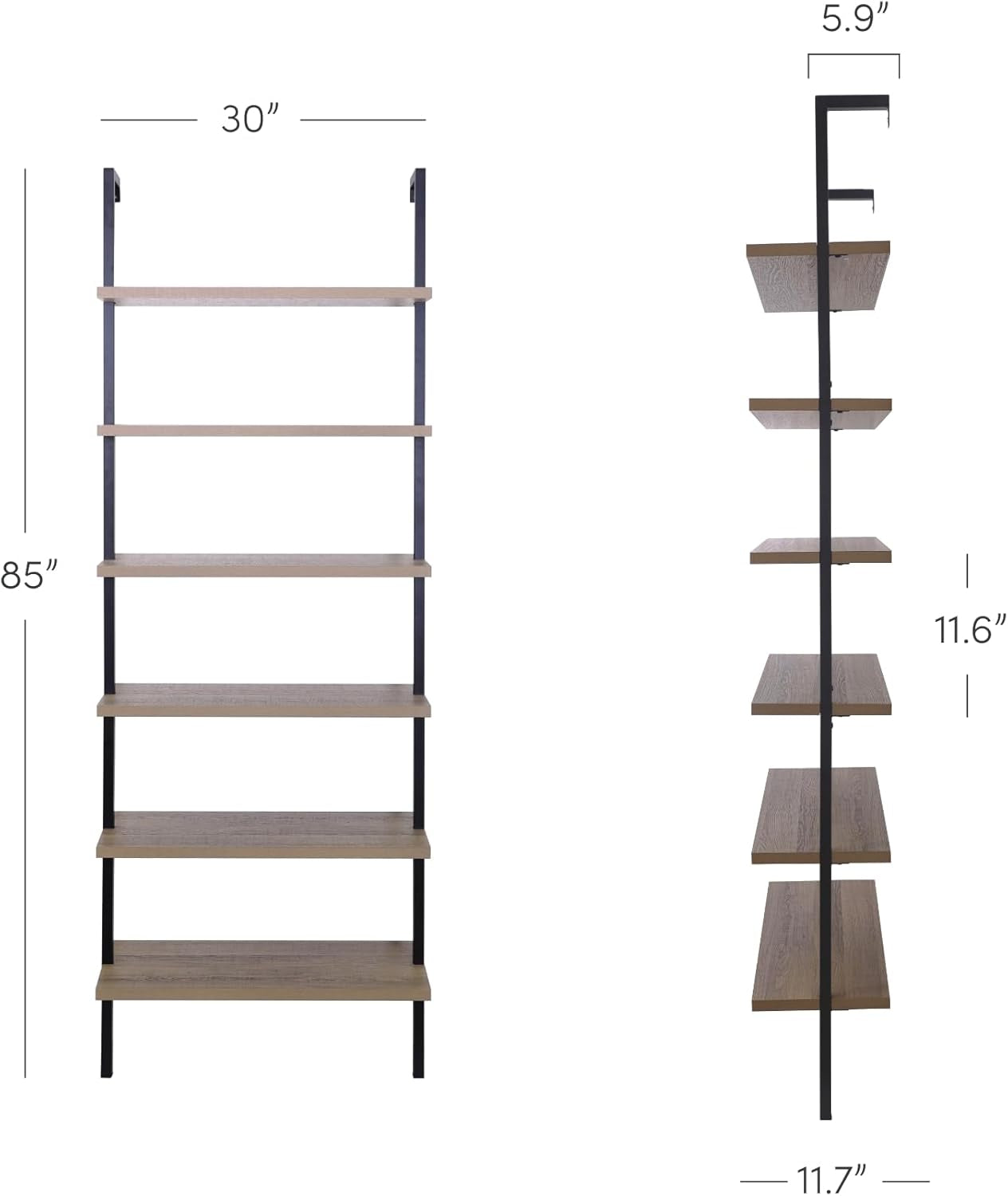 Theo 6-Shelf Tall Bookcase, Wall Mount Bookshelf with Reclaimed Wood and Industrial Metal Frame, Oak/Black