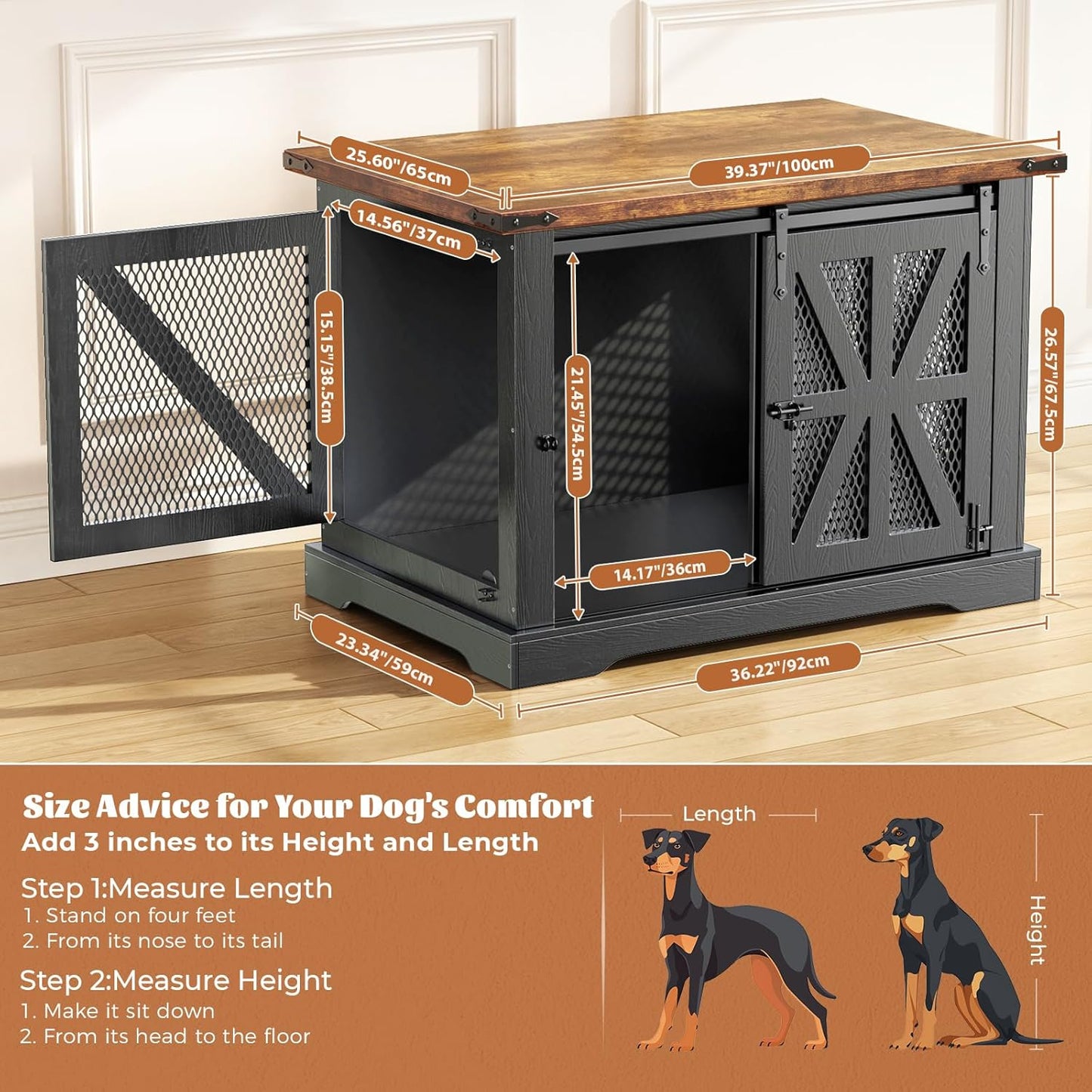 40" Farmhouse Dog Crate Furniture, Heavy Duty Dog Cage for Medium Large Dogs, Wood Dog Crate Dog Kennel Indoor with Double Doors, Chew Resistant End Table for Bedroom Living Room, Black