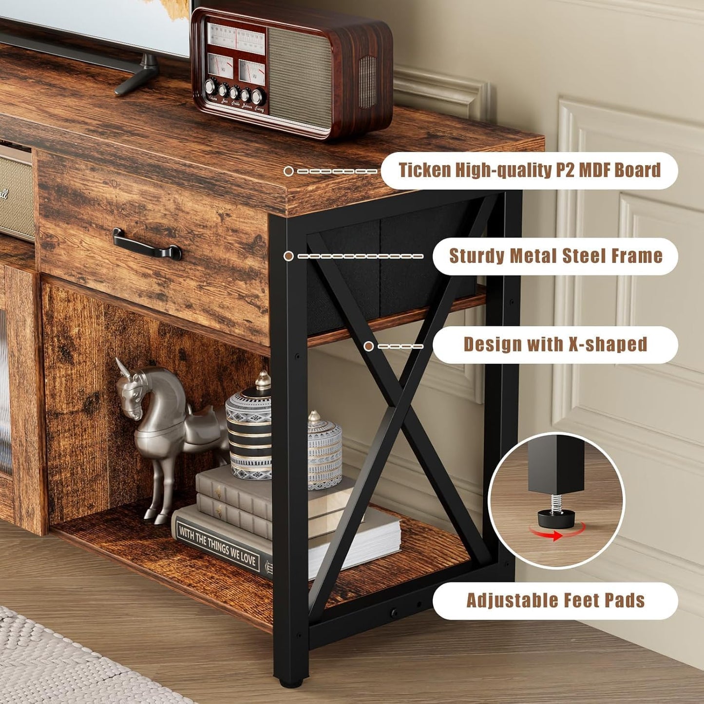 TV Stand for 75 80 Inch TV, Farmhouse Entertainment Center with 2 Drawers & Storage Cabinets, Industrial Media Console Table with Soundbar Shelf for Living Room, Bedroom, Fits Tvs up to 80"