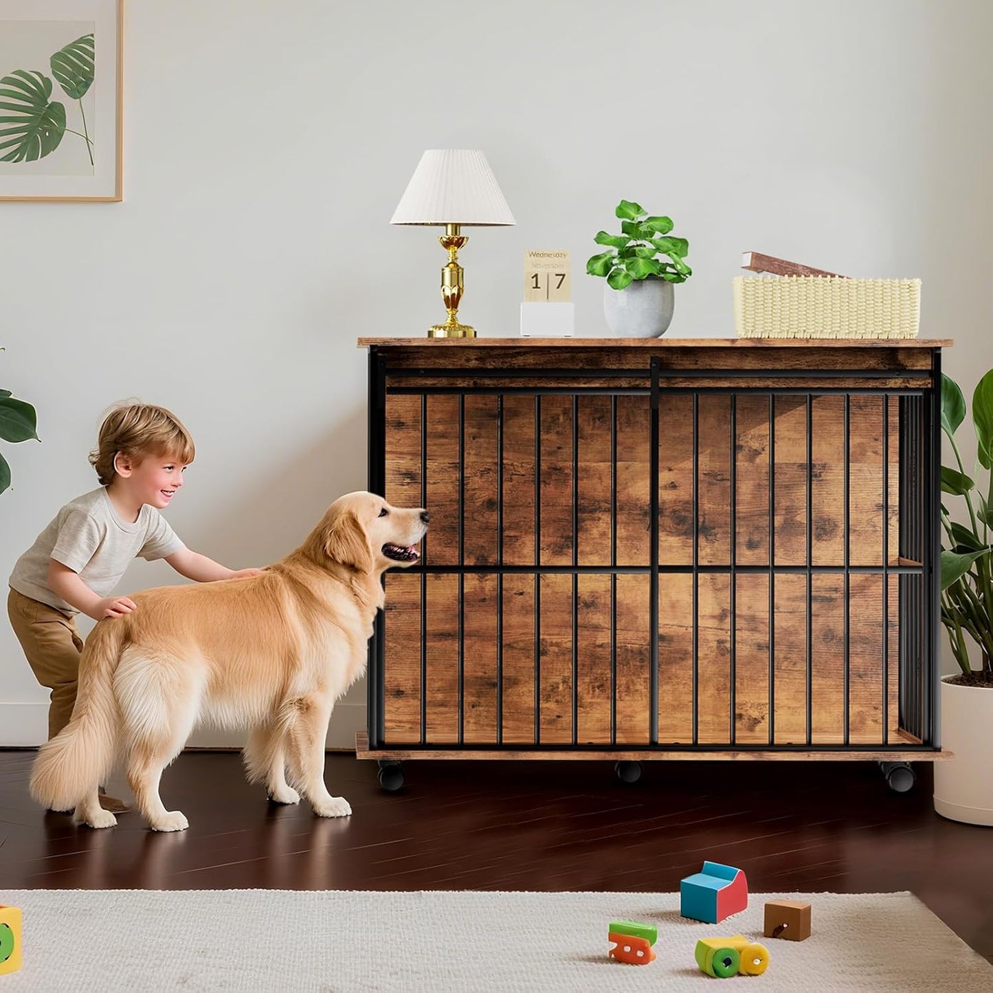 43.7" Dog Crate Furniture, XL Dog Crate Dog Kennel Indoor with Wheels for Large Medium Small Dogs, Wooden Dog Kennel End Table with Sliding Door Wooden Furniture Crates for Living Room, Bedroom