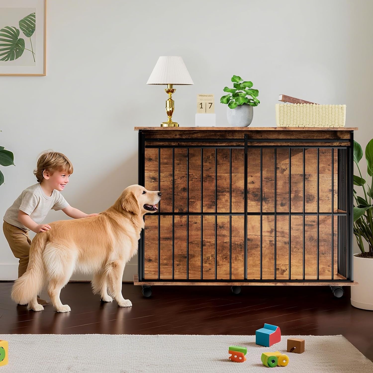 43.7" Dog Crate Furniture, XL Dog Crate Dog Kennel Indoor with Wheels for Large Medium Small Dogs, Wooden Dog Kennel End Table with Sliding Door Wooden Furniture Crates for Living Room, Bedroom