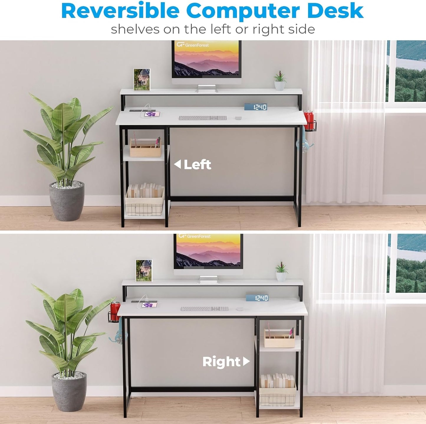 40 Inch Home Office Desk with Power Outlets, Small Computer Desk with Ergonomic Monitor Stand, Reversible Gaming Desk, Modern Study Desk, Laptop Desk, White