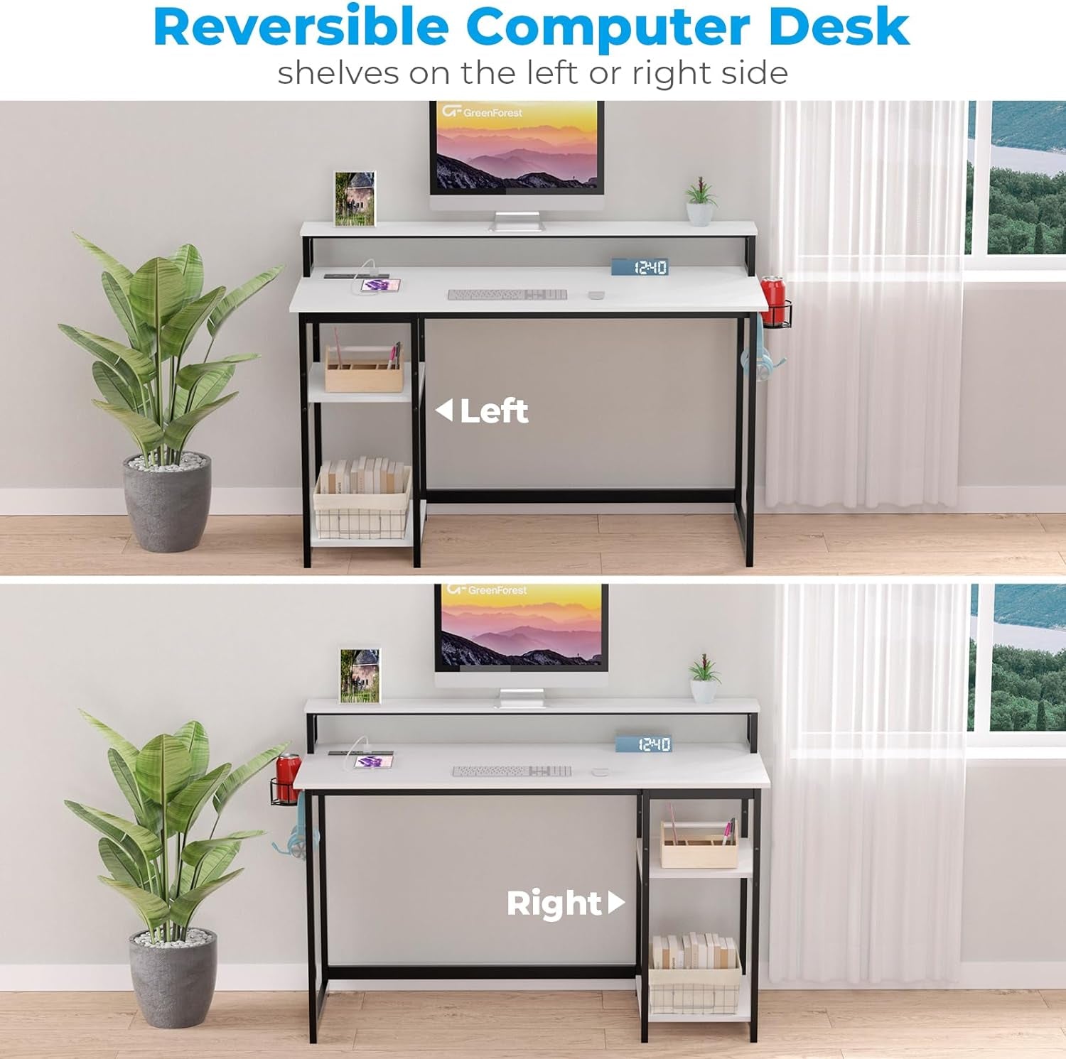 40 Inch Home Office Desk with Power Outlets, Small Computer Desk with Ergonomic Monitor Stand, Reversible Gaming Desk, Modern Study Desk, Laptop Desk, White