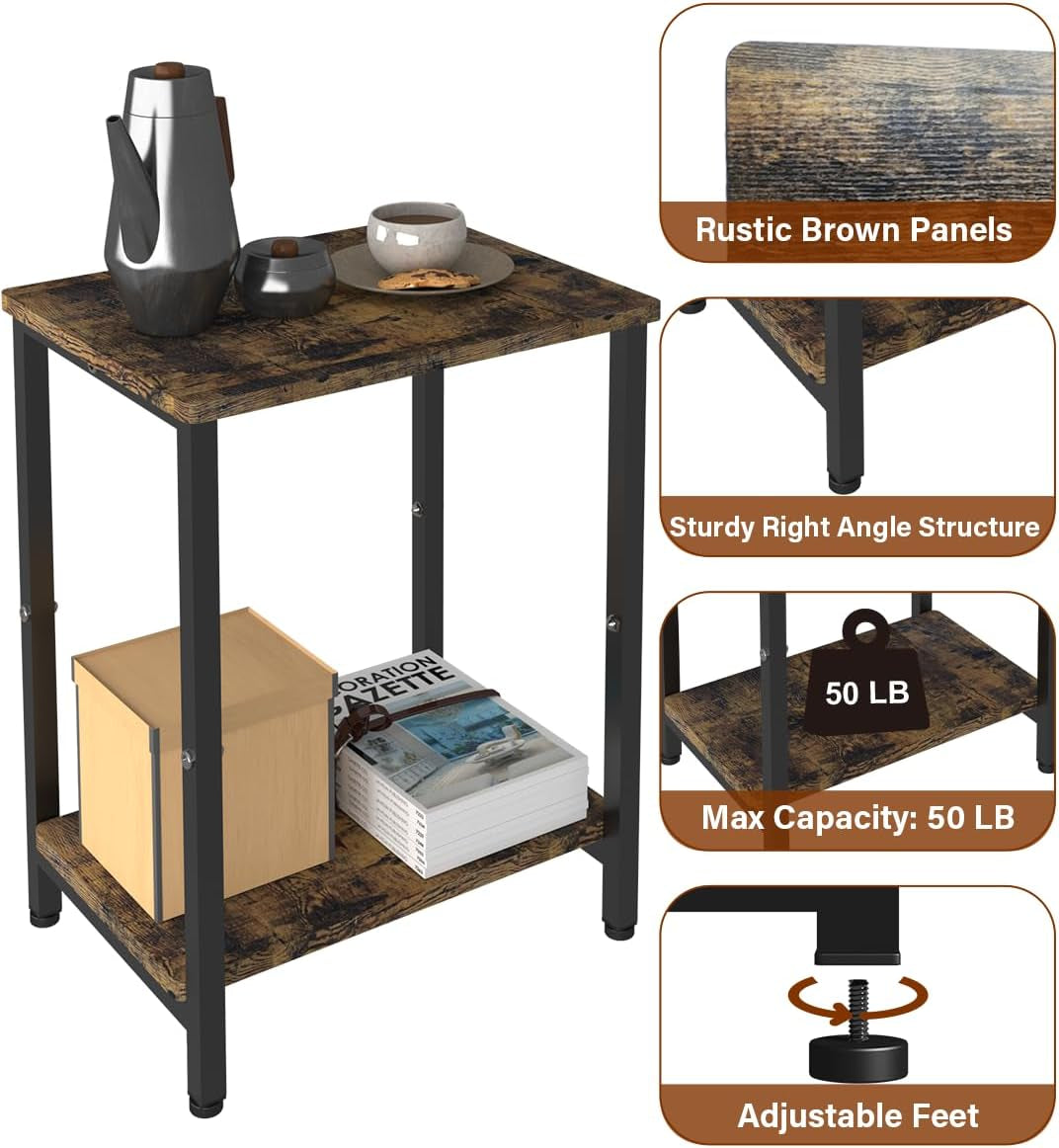 2 Tier Side Table, Heavy Duty End Table with Shelves, Narrow Nightstand Table for Small Spaces, Record Player Table for Bedroom, Living Room, Sofa Couch - Rustic Brown & Black