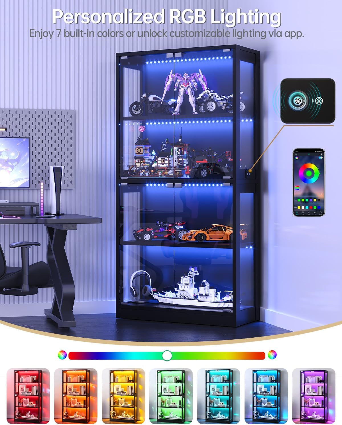 Glass Display Cabinet, 65" Tall Display Case with RGB Lights Curio Cabinet with Glass Doors 4-Tier LED Storage Cabinet with Human Body Sensor & Press-To-Open for Collectibles Book Figure (Black)