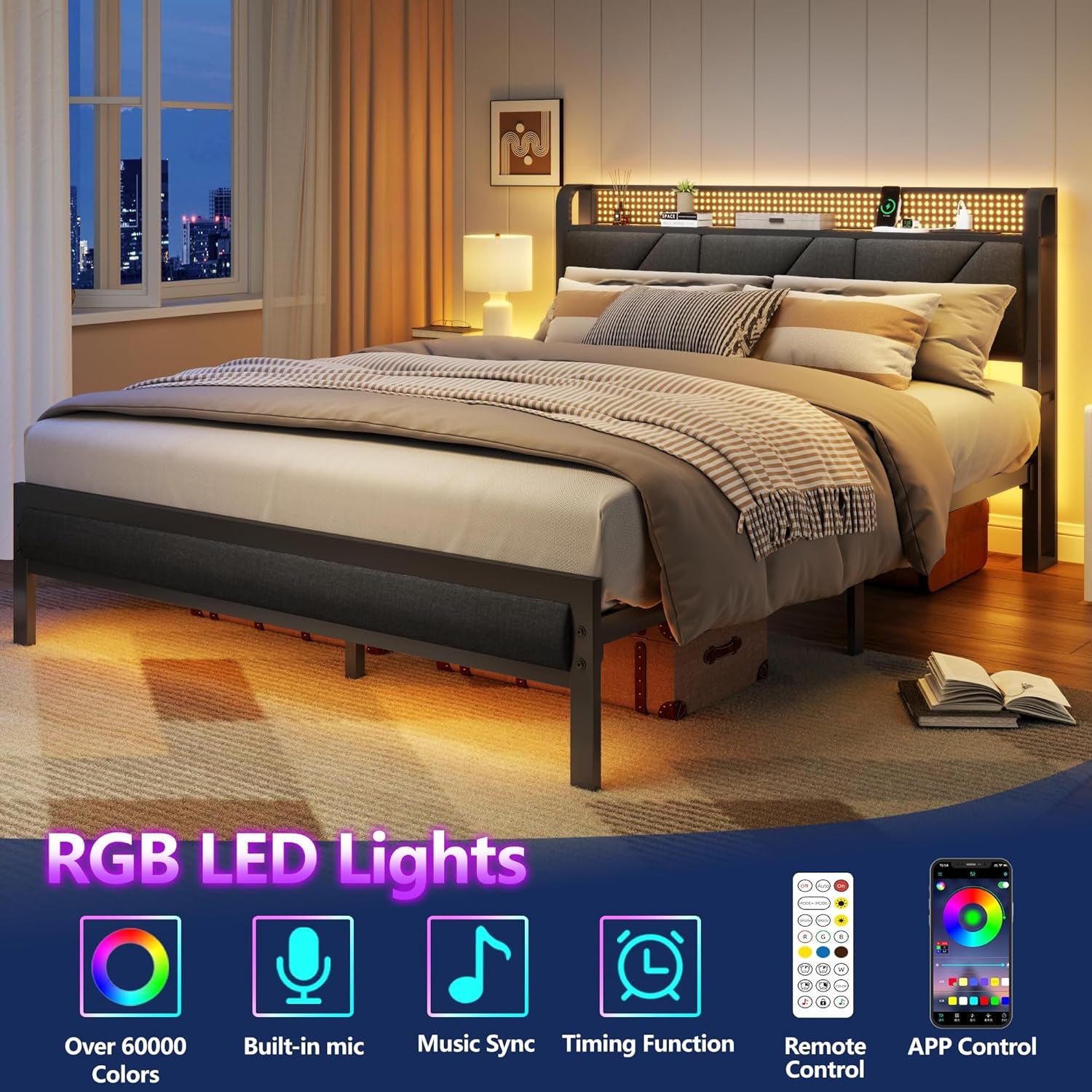 Queen Bed Frame with Headboard and Storage Shelf, LED Light and Charging Station, Metal Platform Bed with Heavy Duty Slats, No Box Spring Needed, Noise Free & Easy Assembly