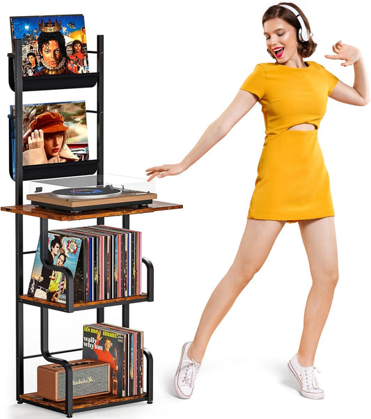 Record Player Stand with Vinyl Storage, Tall Record Player Table with Rack Turntable Stand and Record Holder Vinyl Display Shelf up to 210 Album, Corner Record Player Cabinet Organizer