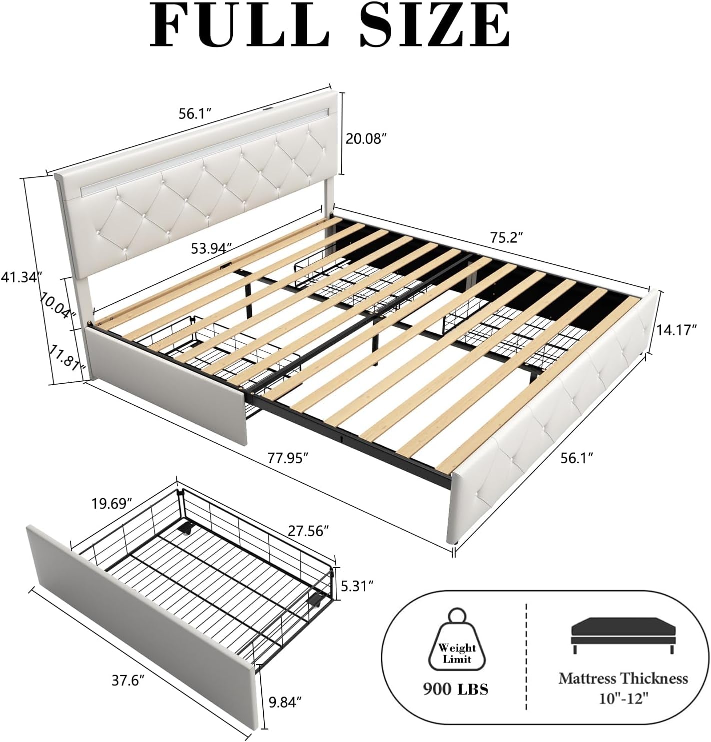 Bed Frame Full Size with LED Light and Storage Drawers, Adjustable Headboard with PU Leather Upholstered, 2 Sockets and 2 USB Ports, No Box Spring Needed,Wooden Slats Support, White.