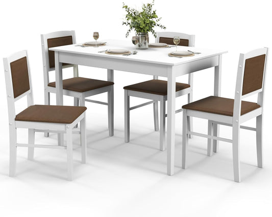 5-Piece Dining Table Set for 4 - Breakfast Nook Table Set with Kitchen Table, 4 Upholstered Chairs, Wood Legs, Space-Saving Dinette Set, Kitchen Table Chairs Set of 4 (White+Brown)