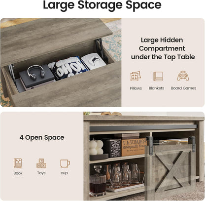 31.5" Lift Top Coffee Table with Storage, Square Coffee Tables for Living Room, Farmhouse Coffee Table with Large Hidden Storage Compartment and Adjustable Shelves, Grey