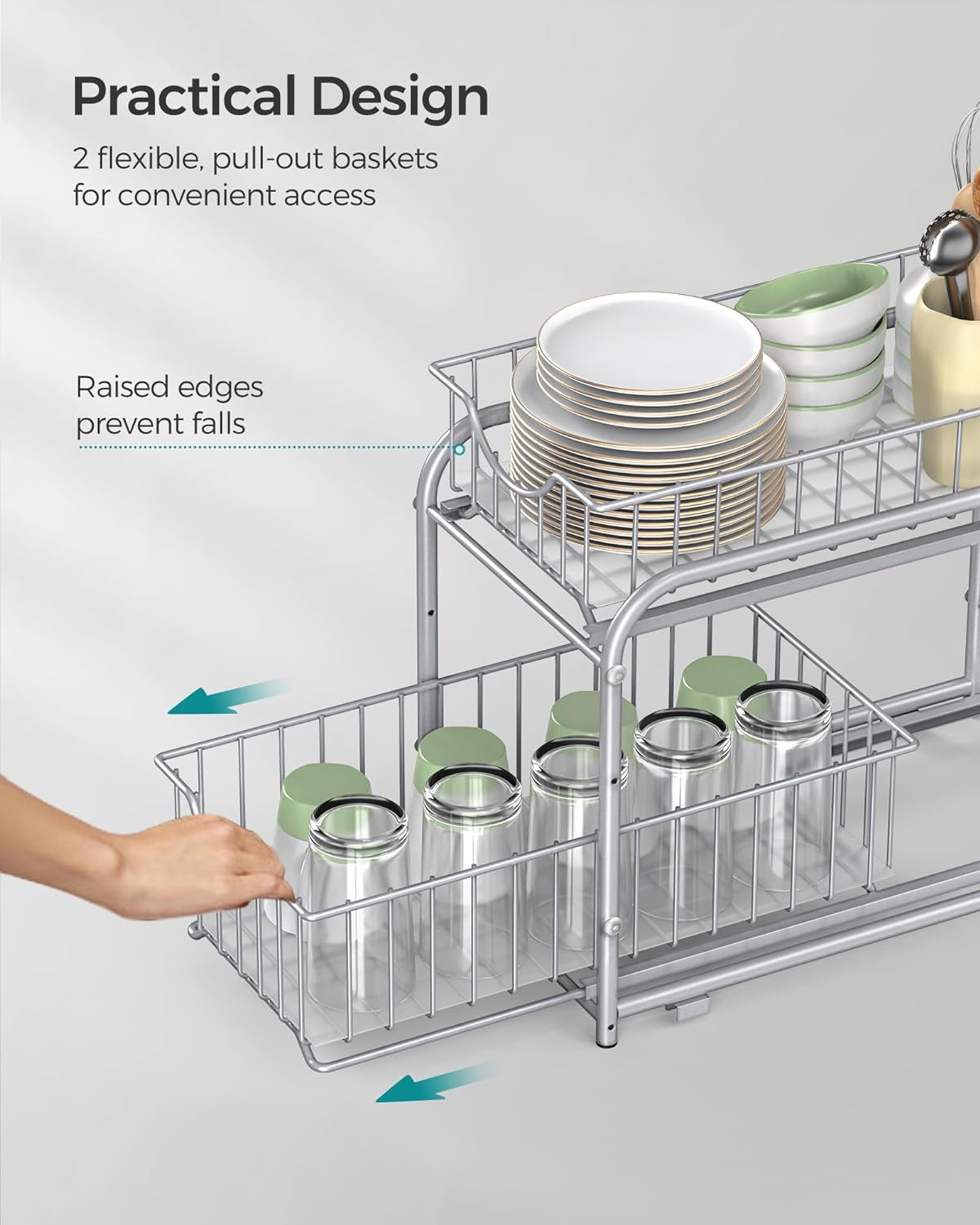 2-Tier Pull Out Cabinet Organizers, under Sink Organizer, Bathroom Organizer and Storage, Sliding Basket Drawers, Stackable for Kitchen, Bathroom, Metallic Silver UKCS017E01
