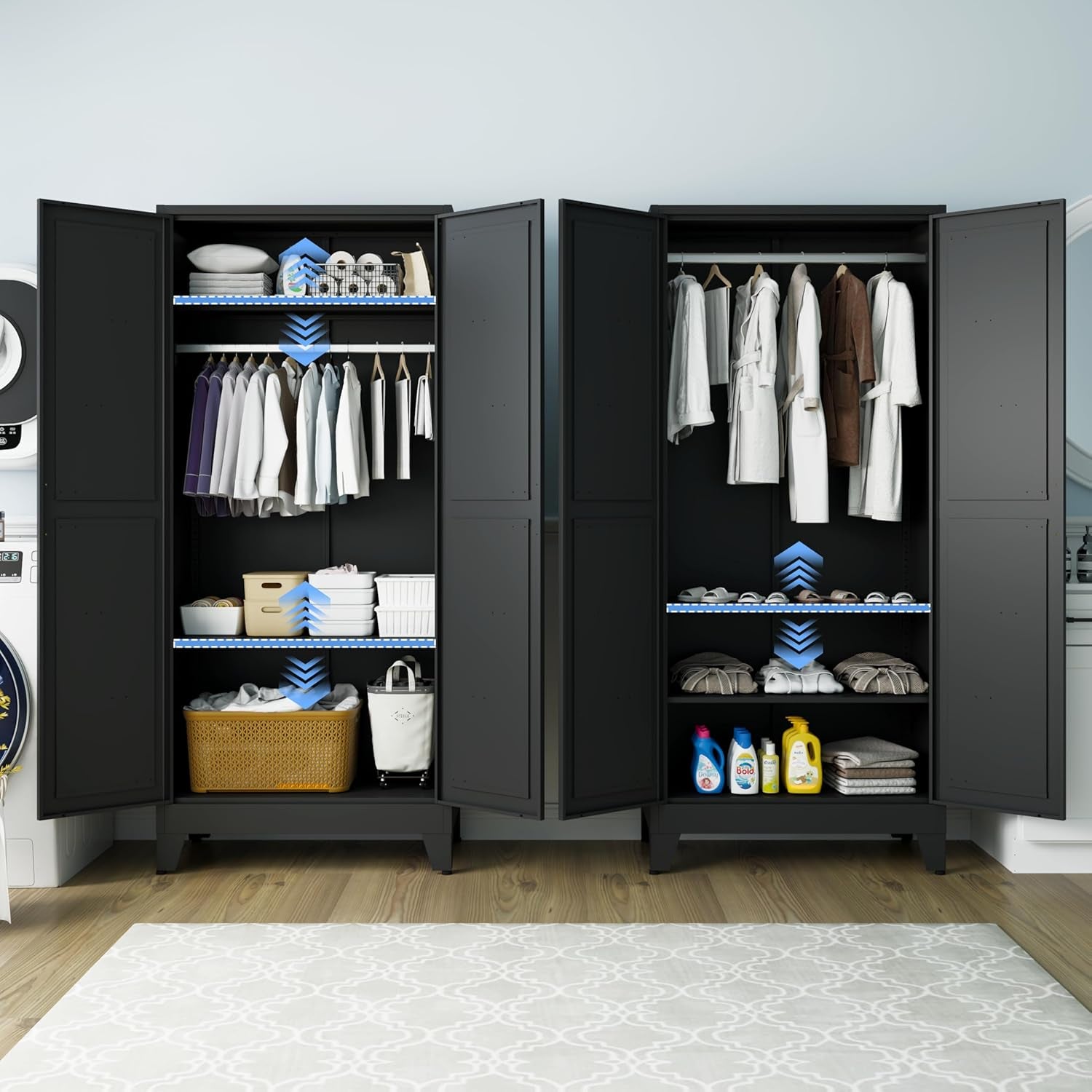 Metal Armoire Wardrobe Closet with Doors and Shelves, 71" Tall Metal Wardrobe Closet with Hanger Rod and Clothing Shelf, Black Farmhouse Bedroom Armoire Steel Storage Cabinet for Bedroom