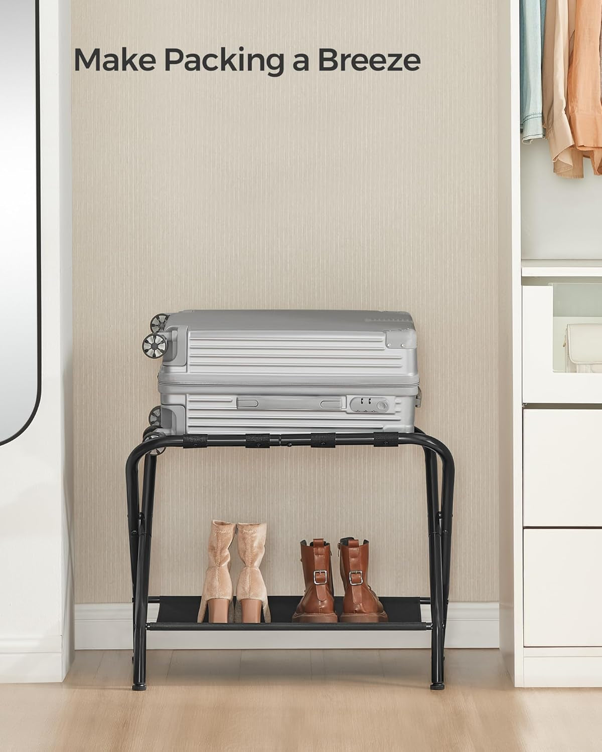 Luggage Racks, Set of 2, Suitcase Stand with Fabric Storage Shelf, for Guest Room, Bedroom, Hotel, Foldable Steel Frame, Holds up to 110 Lb, 27.2 X 15 X 20.5 Inches, Black URLR002B02