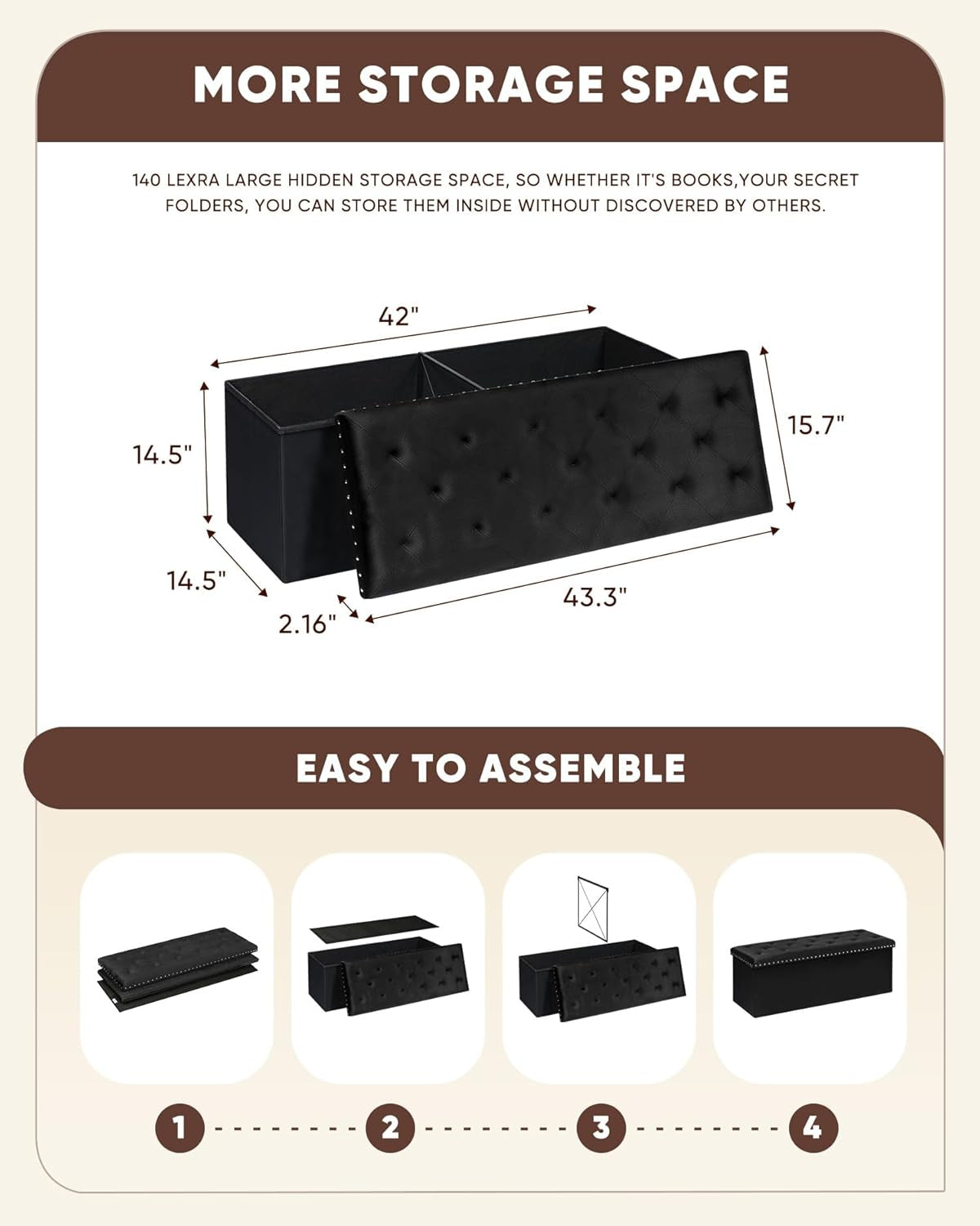 Storage Ottoman Bench, Folding Tufted Ottomans with Storage, Extra Large 140L Footrest Bench for Bedroom, Luxury Velvet Fabric 43 Inches Black