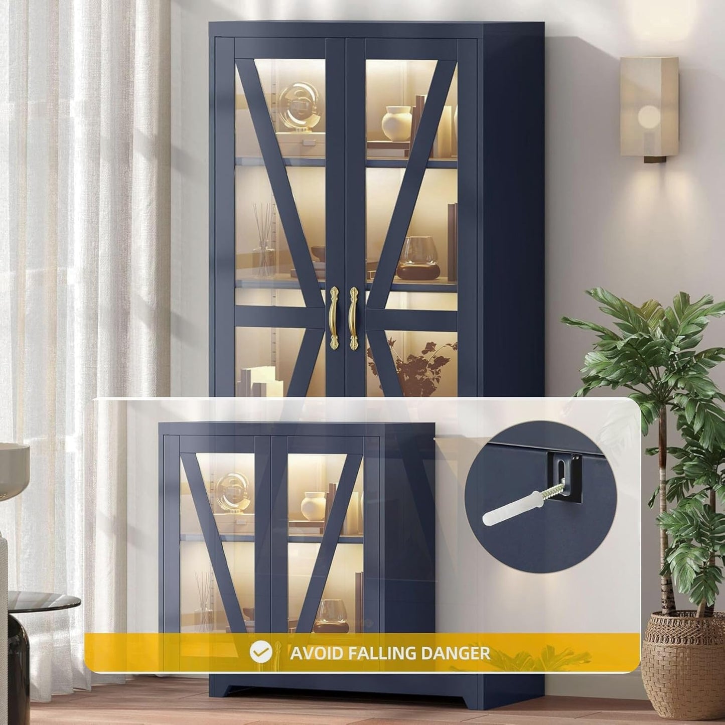 Display Cabinet with LED Lights, 61" Metal Display Case with Glass Barn Doors for Collectibles, Organizer Cabinet with 3 Adjustable Shelves and Drawer for Living Bedroom, Office, Navy Blue