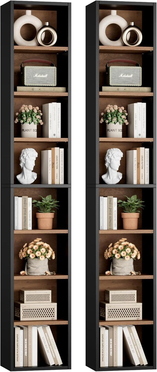 2 Pcs 71'' Tall Narrow Bookshelf, 8-Tier Media Tower Rack Set of 2, CD DVD Storage Cabinet with Adjustable Shelves, Tall Narrow Bookcase Skinny Display Bookshelf Slim Shelf, Black/Brown