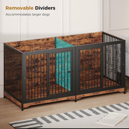 71 Inch Dog Crate Furniture for 2 Dogs with Divider, XXL Wooden Double Dog Cage Furniture TV Stand, Sturdy Indoor Pet Kennel for Medium and Large Breed, Brown