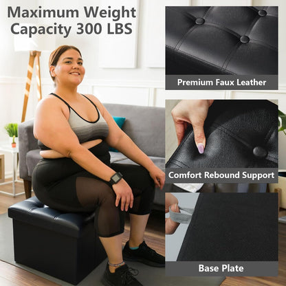 Storage Ottoman Folding Foot Rest Stool, Leather Footstool Bench, Short Ottoman Stool, Storage Foot Rest Store, Books (Black, 17" D X 13" W X 13" H)