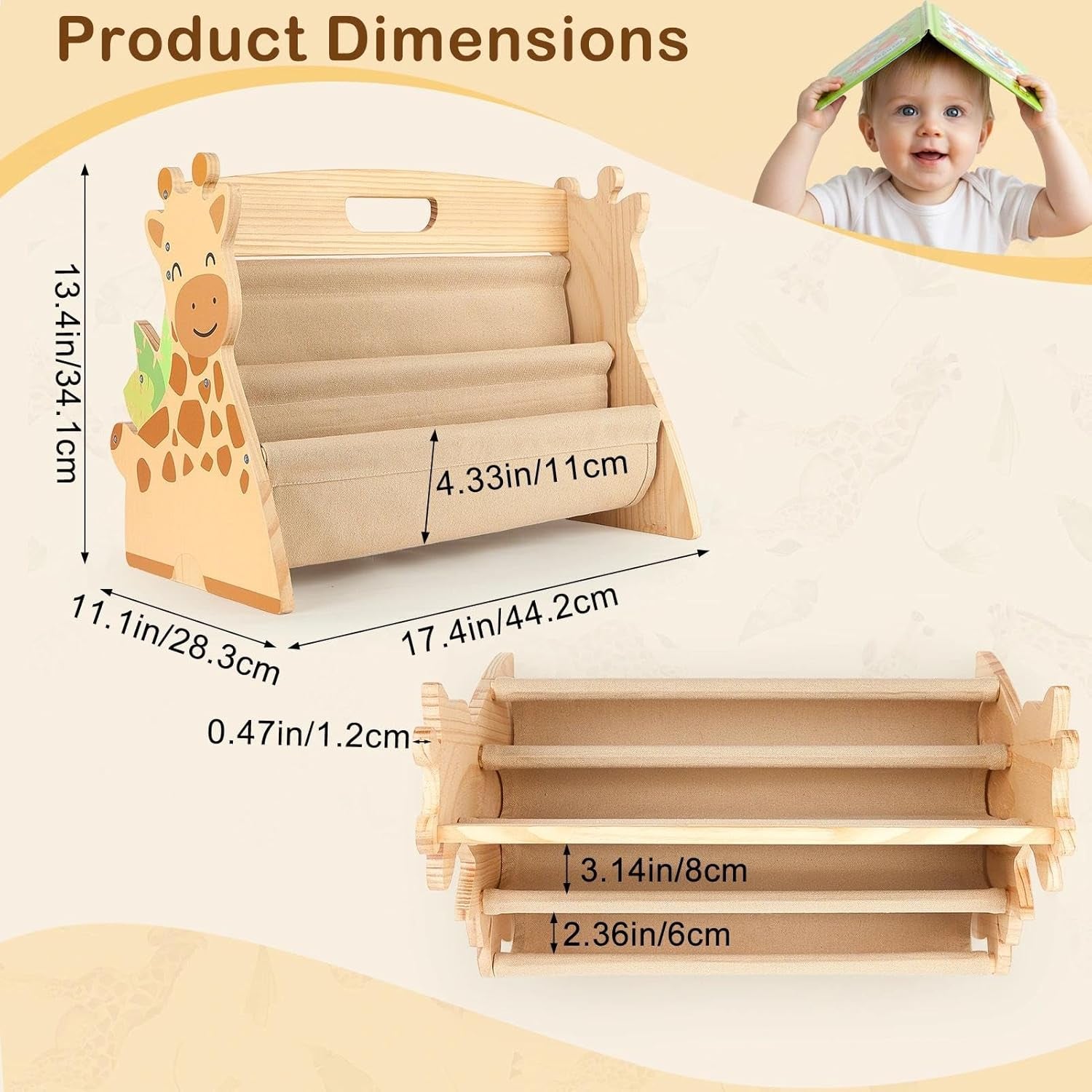 Toddler Bookshelf Double-Sided with 4 Tier Deep Sleeves Kids Wooden Montessori Book Rack for Baby Nursery Room, Playroom, Classroom or Bedroom Bookcase Storage Organizer, Light Wood Giraffe