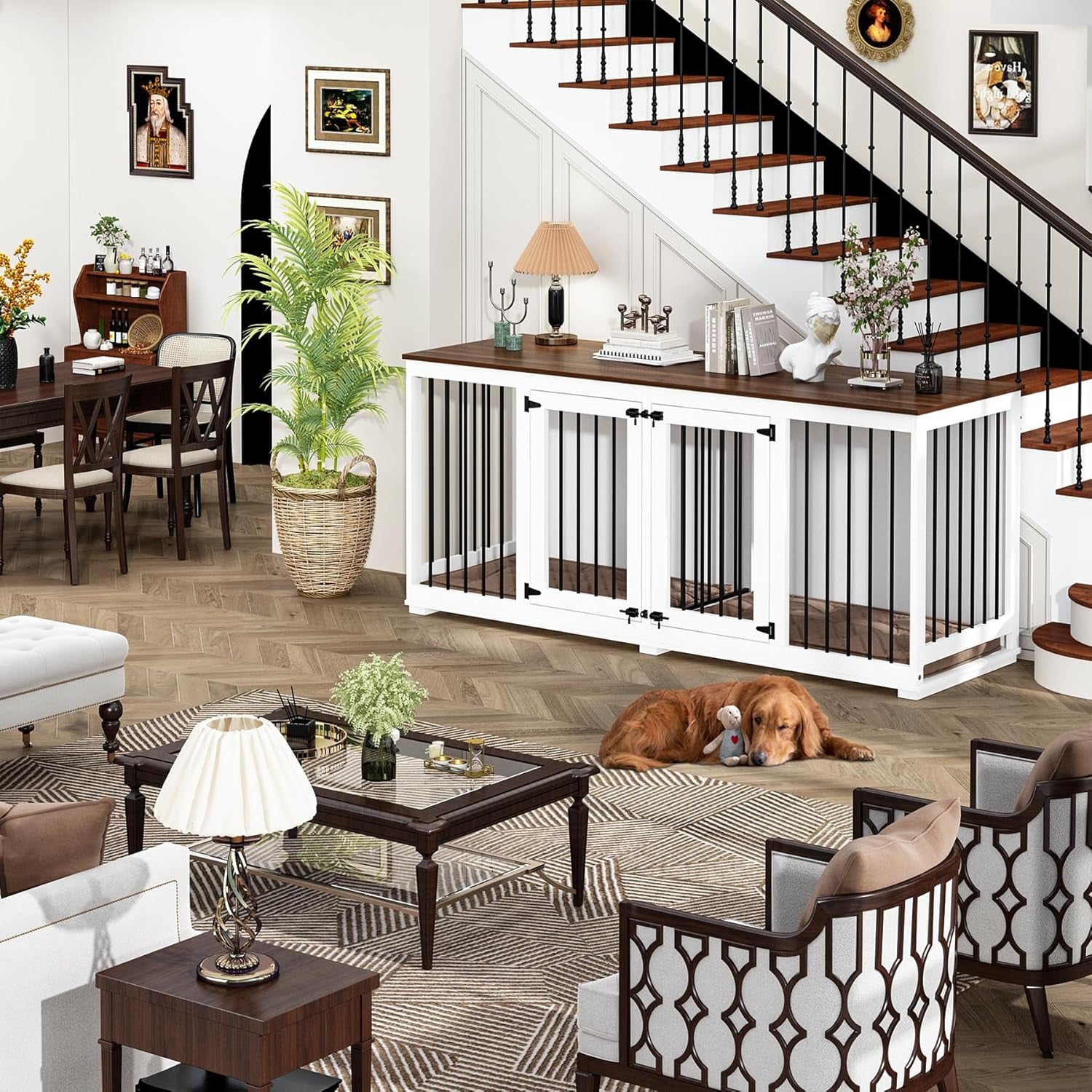 70.9" Large Double Dog Crate Furniture, Wooden Dog Kennel House with Divider & 2 Trays, for Large or 2 Medium Breeds Indoor, White