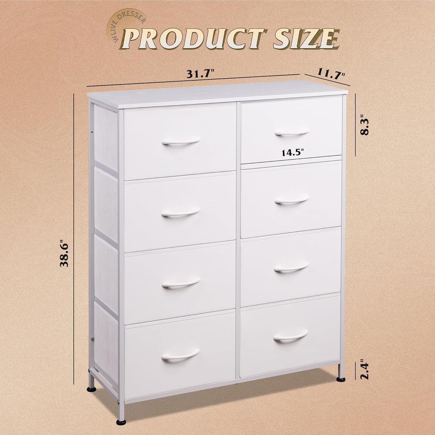 Fabric Dresser for Bedroom, Tall Dresser with 8 Drawers, Storage Tower with Fabric Bins, Double Dressers, Chest of Drawers for Closet, Playroom, Dormitory, White