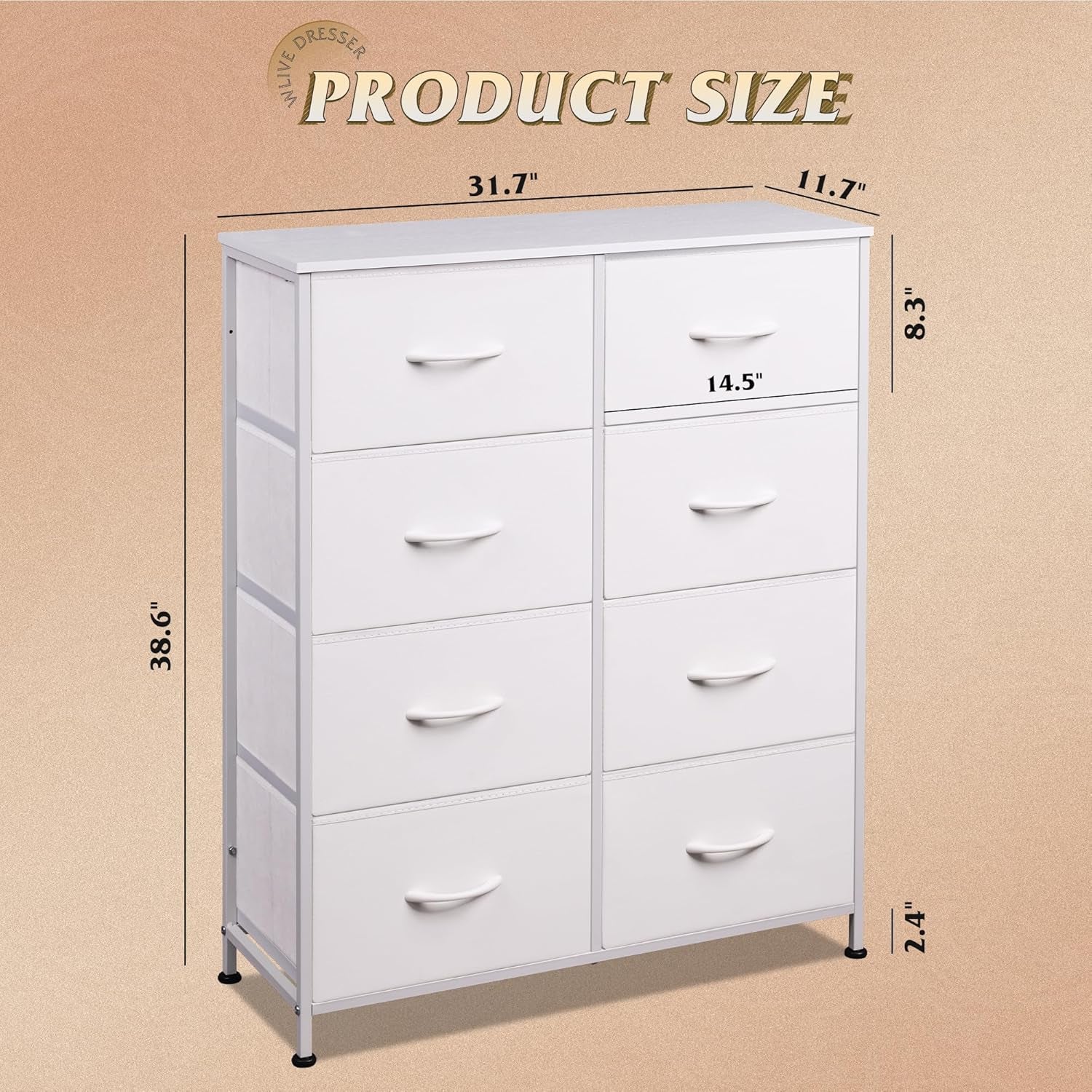 Fabric Dresser for Bedroom, Tall Dresser with 8 Drawers, Storage Tower with Fabric Bins, Double Dressers, Chest of Drawers for Closet, Playroom, Dormitory, White