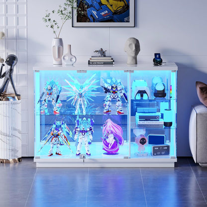 Glass Display Cabinet with Lock & LED Light, High Gloss Sideboard with Human Body Sensor & Glass Shelves for Toys, Books, Collectibles, Liquor, Bookcase for Living Room, Kitchen, Study, White