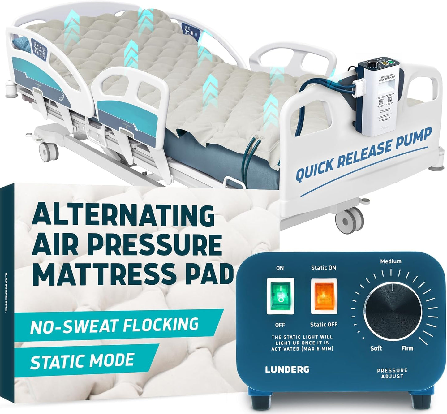 Alternating Air Pressure Mattress Pad with Static Mode & Flocking Add-On - Comfortable Bed Sore Prevention - Includes Mattress Topper for Hospital Bed or Home & Quiet Pump - Doctor Recommended