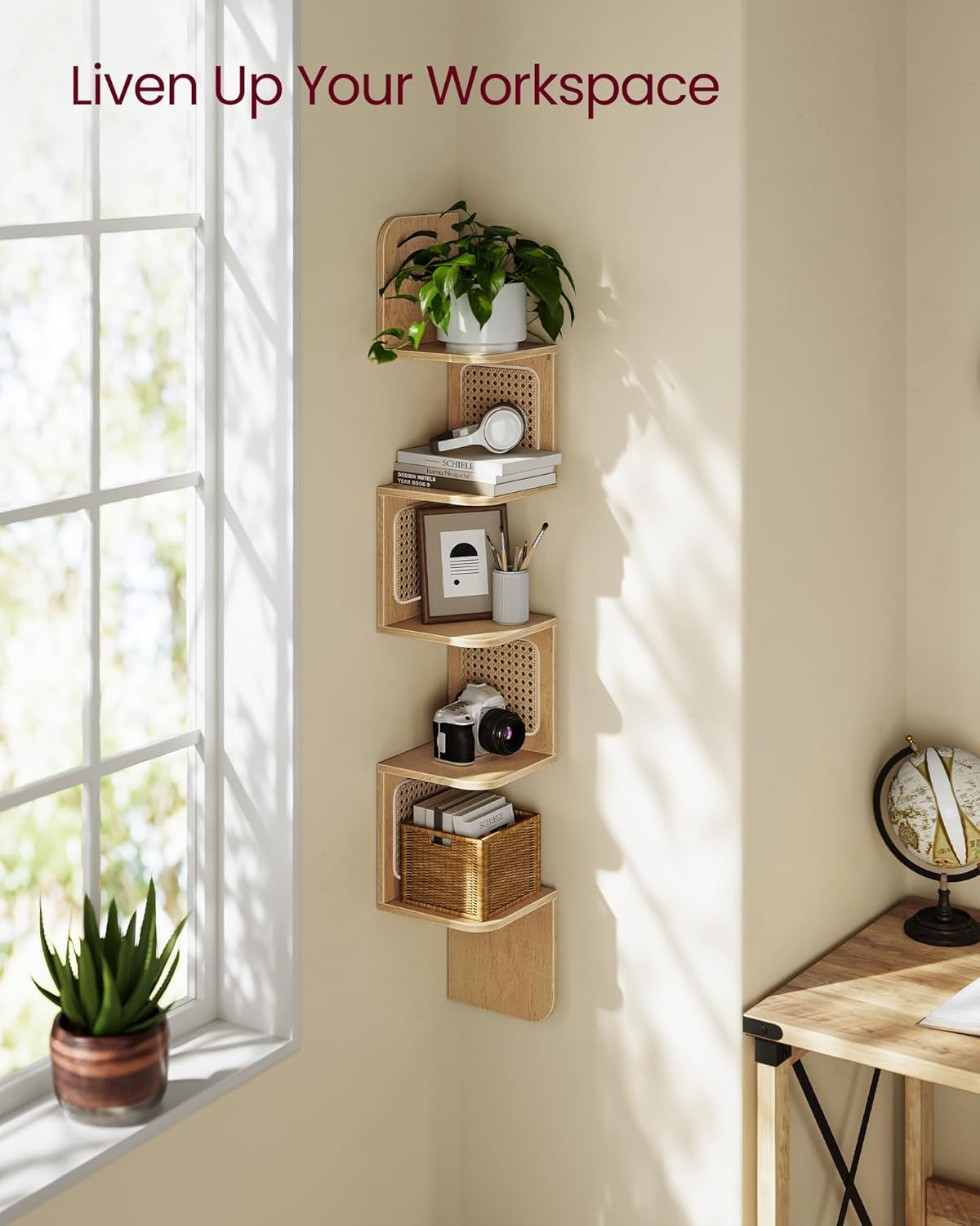 5-Tier Corner Shelf, Wall Mounted Floating Shelf, Zigzag Corner Shelf Unit, PVC Rattan Sides, Space-Saving, for Kitchen, Living Room, Bedroom, Boho Style, Oak Beige ULLS582Y57